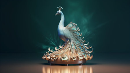 3d rendering of a peacock statue on a dark background.の素材