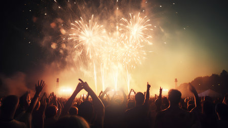 Crowd cheering at a music festival with fireworks exploding in the backgroundの素材