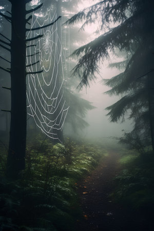 Mysterious dark forest with cobwebs and foggy pathの素材