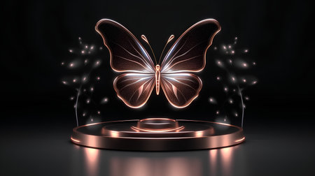 Glowing neon butterfly on pedestal on black background. 3d renderの素材