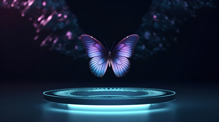 Glowing blue butterfly on a pedestal. 3d rendering.の素材
