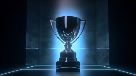 3d rendering of a trophy on a dark background with neon lightsの素材