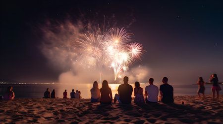 Silhouette of a group of people watching fireworks on the beachの素材