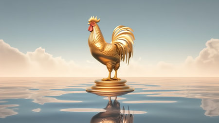 golden rooster on a golden pedestal over the water surfaceの素材