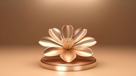 3d render of golden podium with flower isolated on brown background.の素材