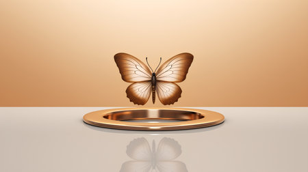 Butterfly and gold ring on the table. 3D renderingの素材