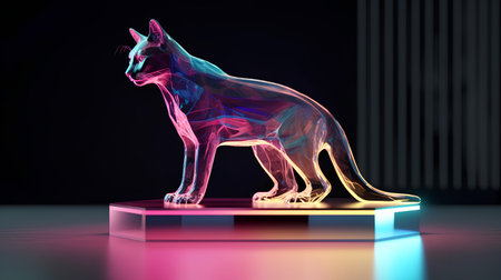 3d rendering of a golden cat in neon light on a dark backgroundの素材