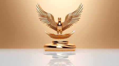 Golden trophy with wings on a gold background. 3D illustration.の素材