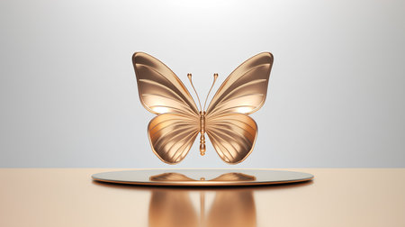 Butterfly on a gold podium. 3d rendering, 3d illustration.の素材