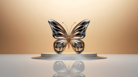 Butterfly on gold podium. 3d render. Vector illustration.の素材
