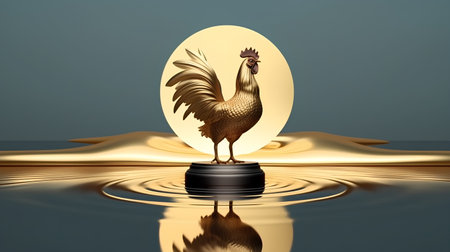 golden rooster on a pedestal in the water, 3d renderの素材