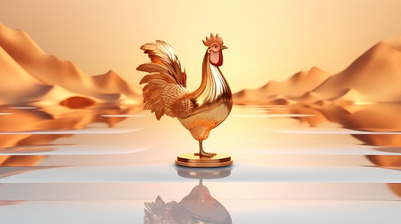 golden rooster on a golden background. 3d rendered illustrationの素材