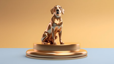 Golden dog on golden pedestal isolated on orange background. 3d renderの素材
