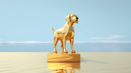 Golden dog standing on a pedestal in the sea. 3d renderの素材