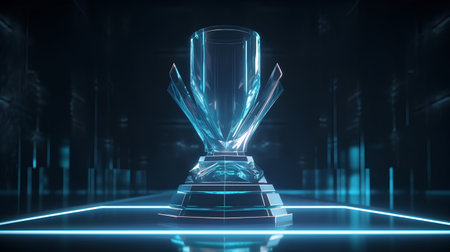 3d rendering of a trophy on a dark background with neon lightsの素材