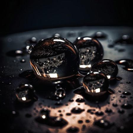 Water drops on a black background. Shallow depth of field.の素材