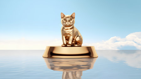 golden cat sitting on a golden pedestal in the water, 3d renderの素材
