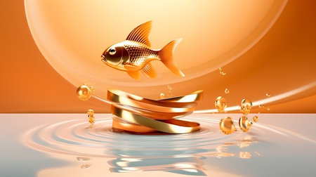 golden fish in water with gold ribbon over orange background, 3d renderの素材