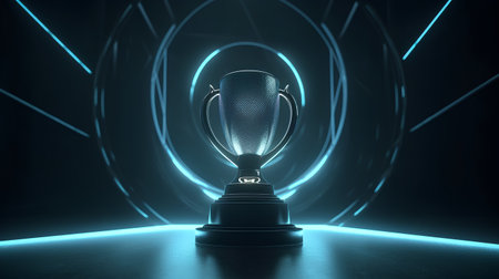 3d rendering of a trophy in a dark room with neon lightsの素材