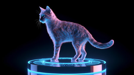 3d rendering of a cat standing on a pedestal in blue neon lightの素材