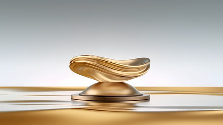 3d rendering of a golden podium on a reflective surface with wavesの素材