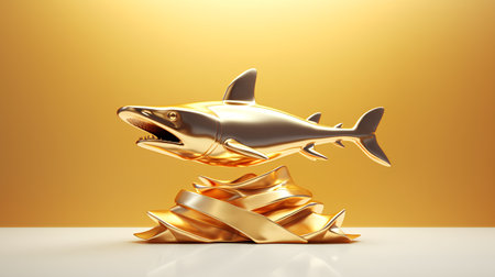 Golden shark with golden ribbon isolated on yellow background. 3d illustrationの素材