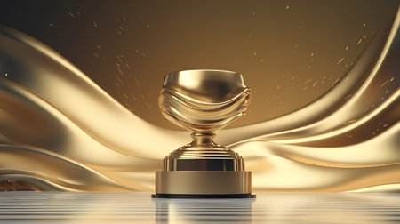 golden award cup on golden drapery background, 3d renderの素材