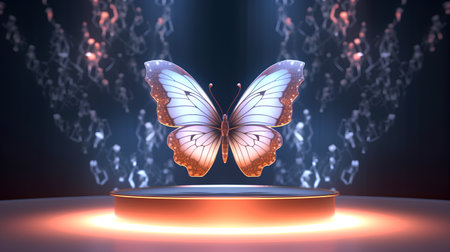 3d render of a golden butterfly on a pedestal in a dark roomの素材