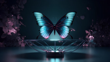Neon butterfly on a stand in the dark, 3d renderingの素材