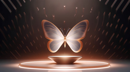 Abstract 3d render of golden butterfly. Futuristic background. Vector illustration.の素材