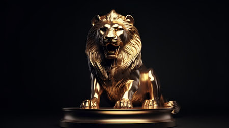 Golden lion statue isolated on black background. 3d render illustration.の素材