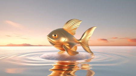 Gold fish on a piece of ice in the water. 3d renderの素材