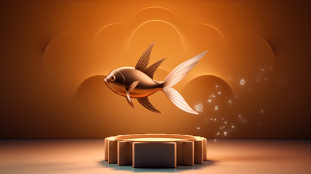 golden fish on a pedestal in the orange background. 3d illustrationの素材