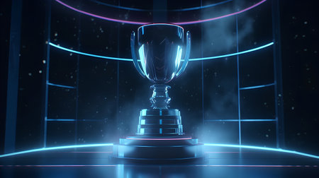 3d rendering of a trophy on a pedestal in a dark roomの素材
