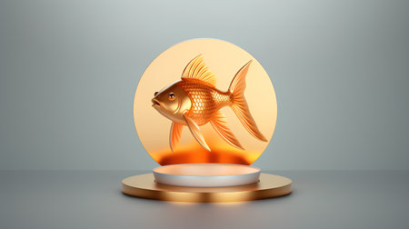 Gold fish on a round podium. 3d illustration. Vector.の素材