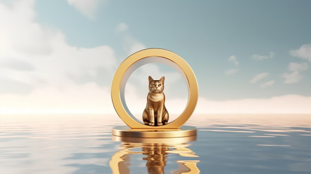 Cat in a round mirror on the water surface. 3d renderの素材