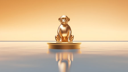 golden sculpture of a monkey on a golden podium. 3d renderingの素材
