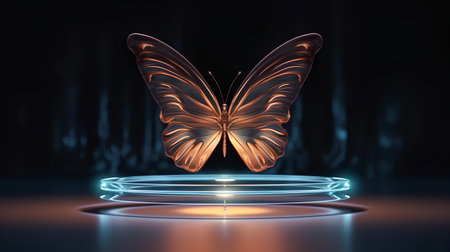 Butterfly on a pedestal in a dark room. 3d renderingの素材