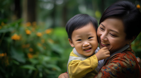 Asian mother and son hugging in the park with yellow flower background.の素材