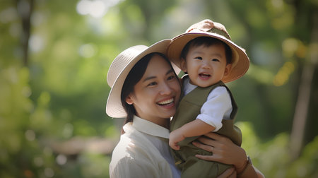 Asian mother and son in the park on a sunny day, happy family conceptの素材