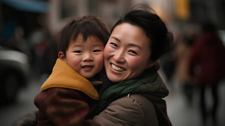 Mother and son walking in the street. Asian family lifestyle portrait.の素材