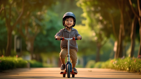 Little boy riding a scooter in the park, healthy lifestyle conceptの素材