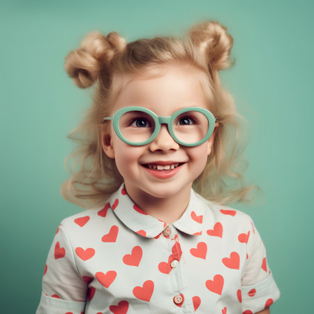 Cute little girl in heart shaped eyeglasses on green background.の素材