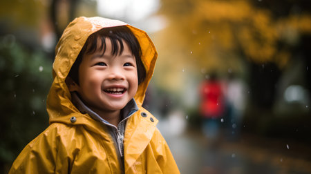 Cute asian child wearing yellow raincoat in rainy day.の素材