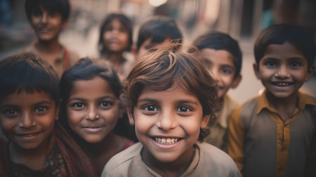 Portrait of a group of Indian kids smiling at the camera.の素材