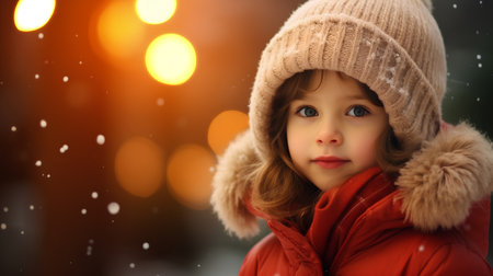 Portrait of a cute little girl in a warm hat and coat.の素材