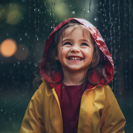 Portrait of a cute little girl in raincoat. Rainy day.の素材