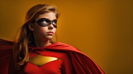 Beautiful young woman superhero in red cape and mask over yellow background.の素材