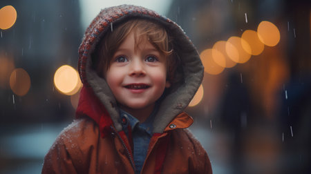 Portrait of a little boy on the street in the rain.の素材
