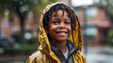 happy african american child in raincoat looking at camera on streetの素材
